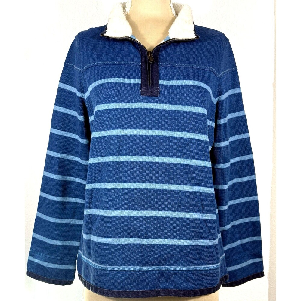 Fat Face Airlie Sweatshirt Womens 10 Teal Blue Stripe Quarter Zip Sherpa Collar